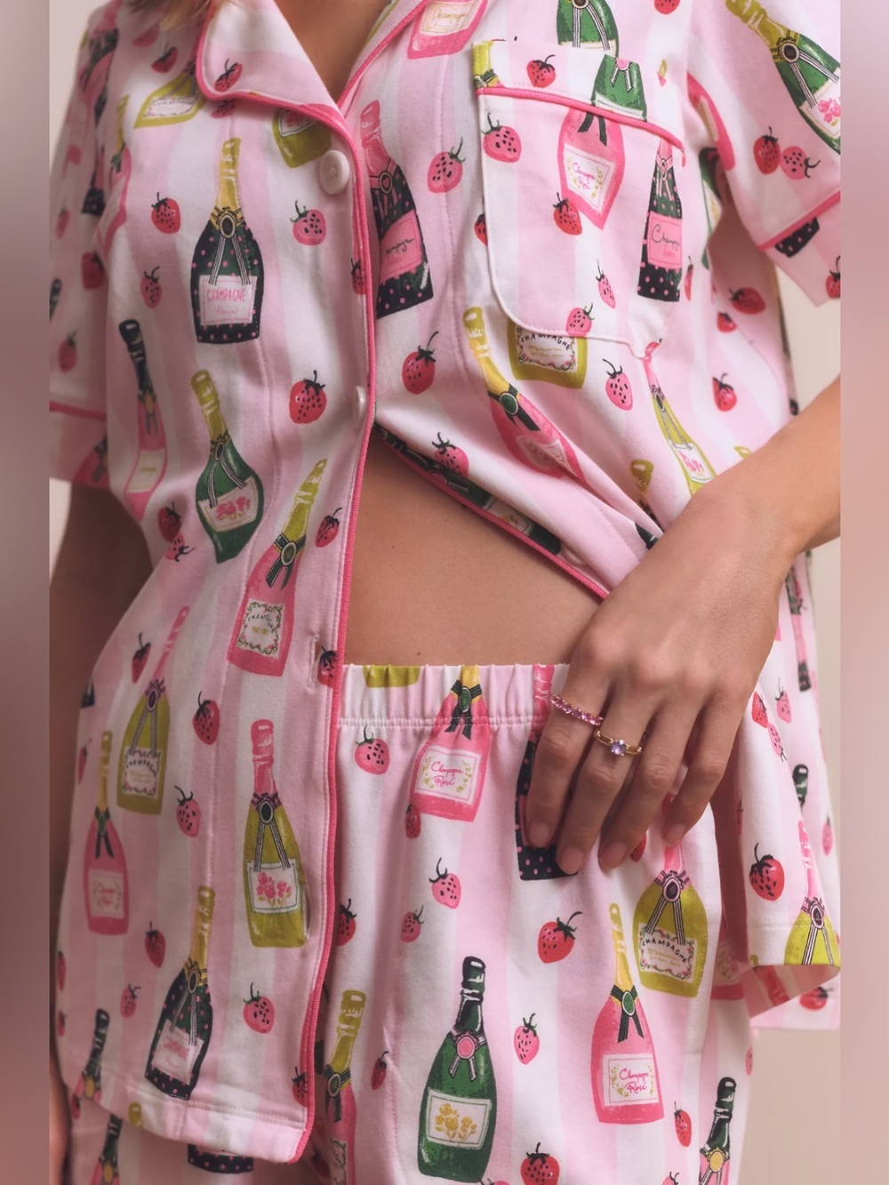 NWT Anthropologie Bed Head PJ Set Pink White Striped Strawberry Champagne Small